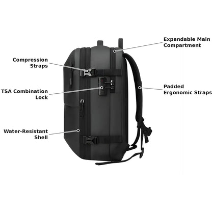 Aura Vacuum Compression Backpack features: TSA lock, compression straps, expandable compartment